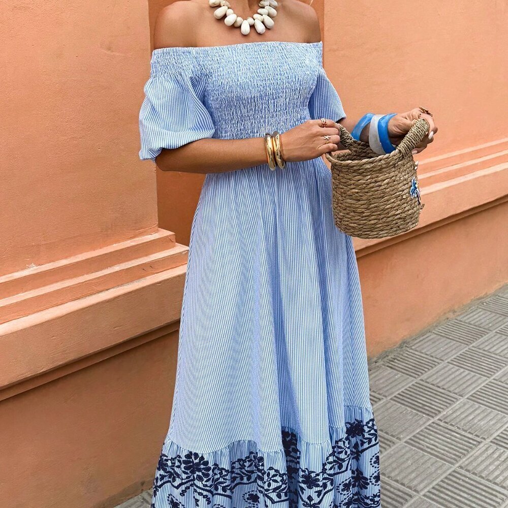 Multicolor Boho Women's Off-Shoulder Striped A-Line Dress - Picture 5 of 5